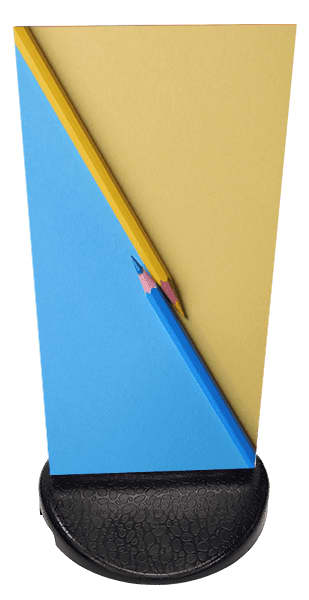 A signage stand featuring a blue and yellow graphic mounted on a black base, with two pencils displayed at an angle. Signage Stand PVC with Dibond / PVC Stand with Dibond - Image 1