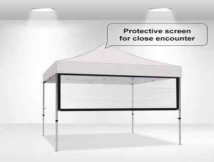 A promotional white marquee with a transparent protective screen, featuring a black frame. It has a logo on the front. Marquee Protective PVC Wall - 3000 x 940mm - Image 1