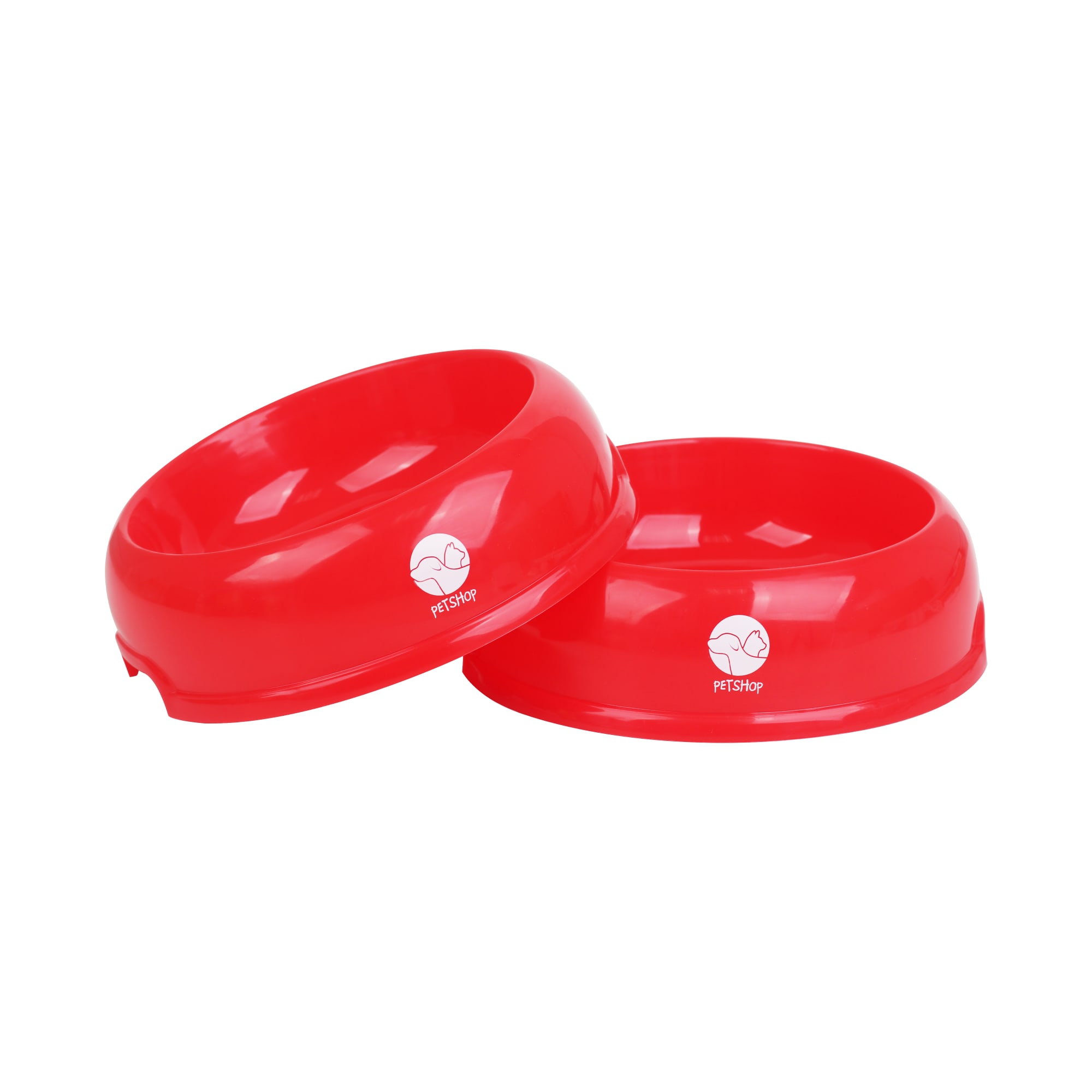 A red dog bowl set featuring a logo on each bowl. They have a smooth, glossy finish. Dog Bowl - Image 1