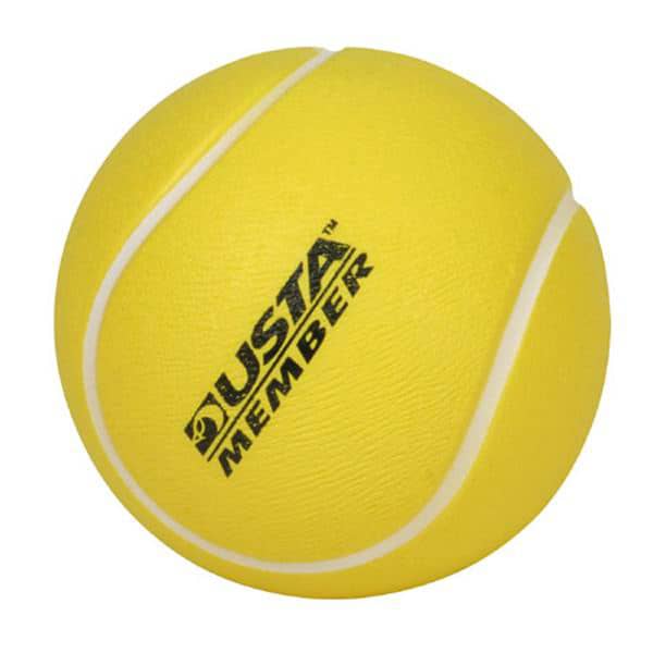 A yellow tennis-shaped stress reliever with a textured surface and a logo. Ideal for stress relief in a fun design. Tennis Shape Stress Reliever - Image 1
