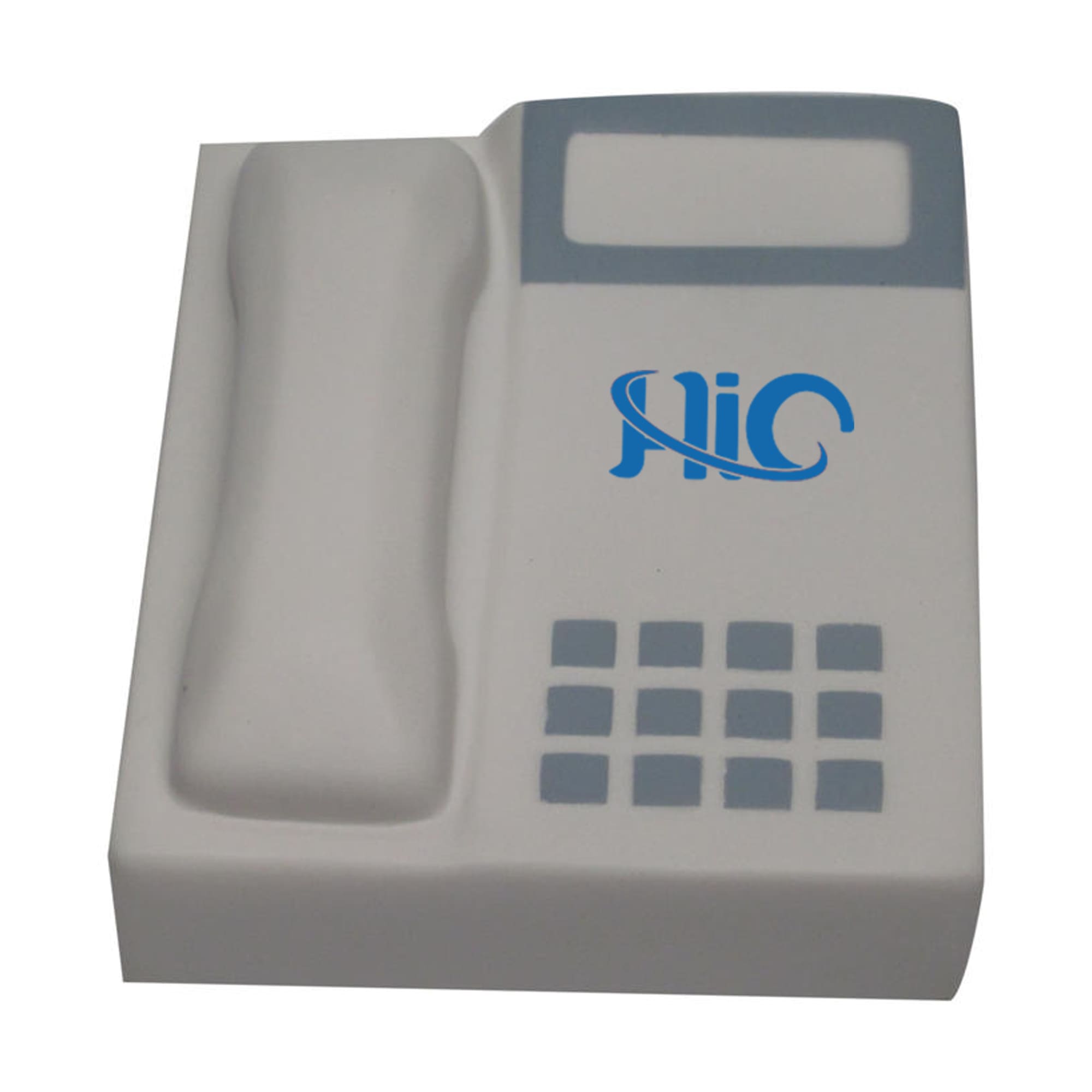 A telephone-shaped stress reliever in white with grey detailing and a logo. Designed as a fun stress keyring. Telephone Shape Stress Reliever - Image 1