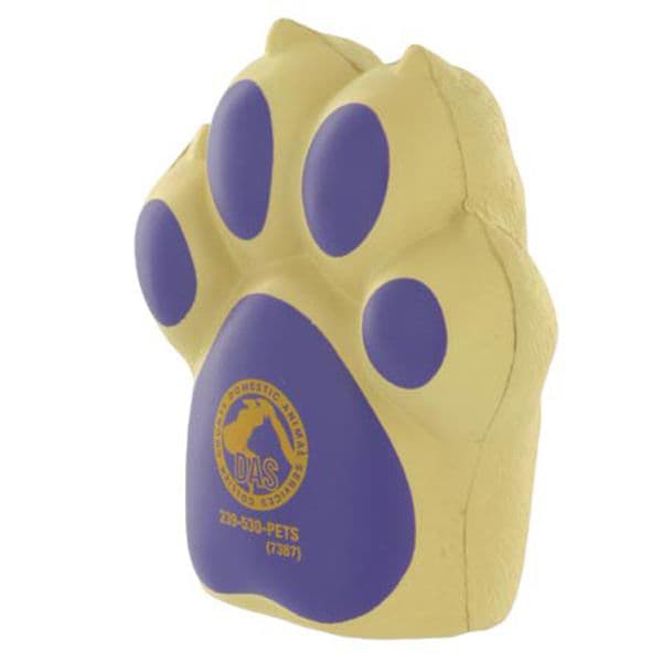 A yellow and purple dog paw shaped stress reliever with a logo on the front. The Dog Paw Shape Stress Reliever - Image 1