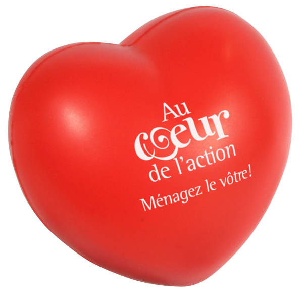 A red heart-shaped stress reliever with a logo and text printed on it. Heart Shape Stress Reliever - Image 1