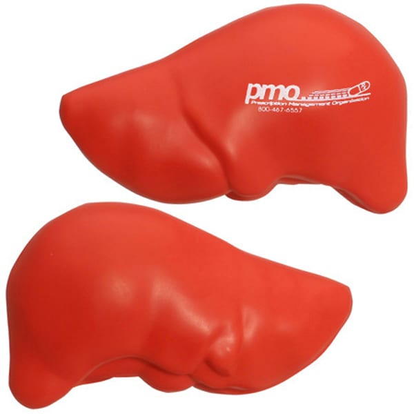 A red liver-shaped stress reliever, featuring a logo, designed for fun and stress relief. Large Liver Shape Stress Reliever - Image 1