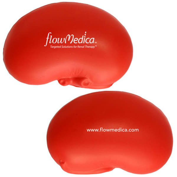 A red kidney-shaped stress reliever with a logo, designed for fun and stress relief. Kidney Shape Stress Reliever - Image 1
