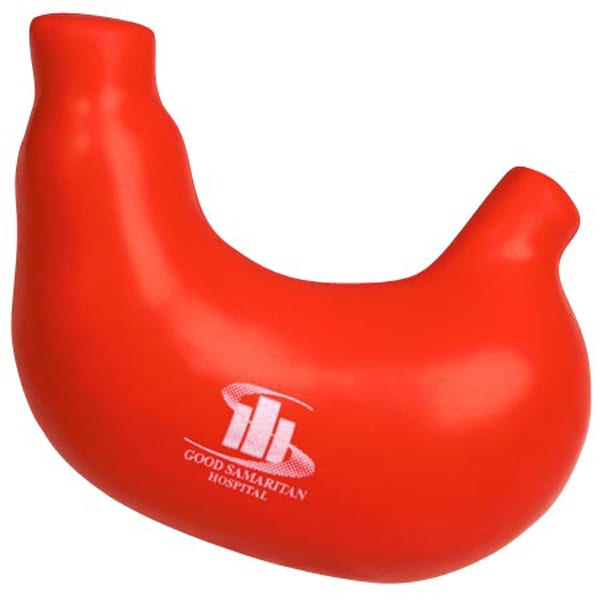 A red stomach-shaped stress reliever with a logo, designed as a fun stress relief product. Stomach Shape Stress Reliever - Image 1