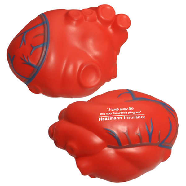 A red heart-shaped stress reliever with a textured surface and a logo on one side. It's soft and squeezable. Cardiac Shape Stress Reliever - Image 1