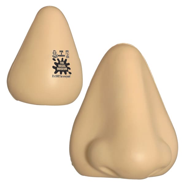 A large, beige stress reliever shaped like a nose, featuring a logo on one side. Large Nose Shape Stress Reliever - Image 1
