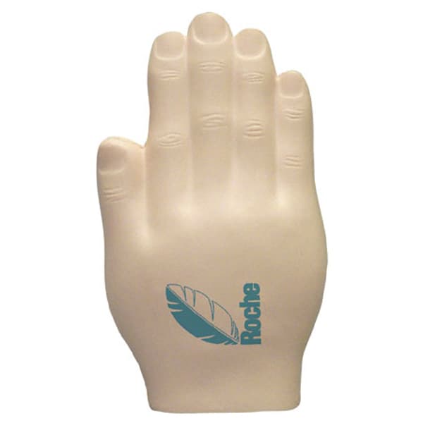A palm-shaped stress reliever in light beige with a teal logo design. Palm Shape Stress Reliever - Image 1