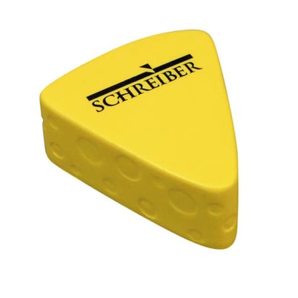 A yellow cheese-shaped stress reliever with embossed dots and a logo on top. Cheese Shape Stress Reliever - Image 1