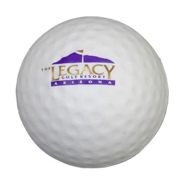 A white golf ball-shaped stress reliever featuring a logo. The textured surface resembles a real golf ball. Golfball Shape Stress Reliever - Image 1