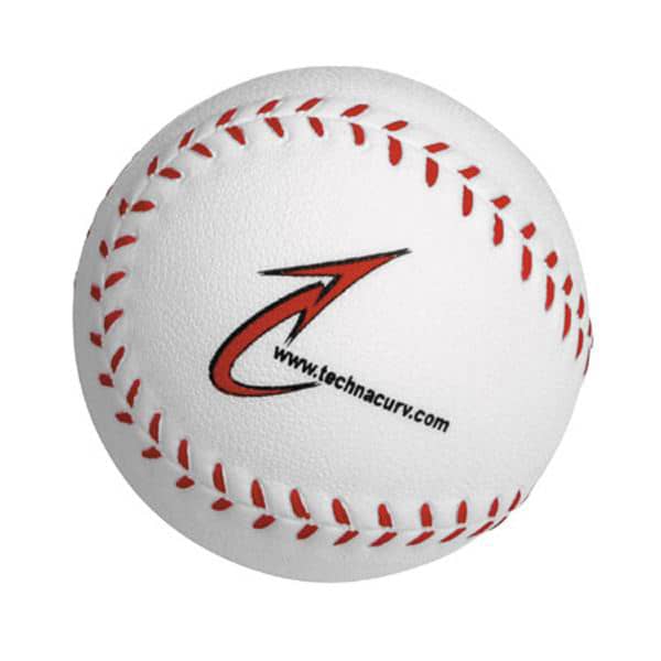 A white baseball-shaped stress reliever with red stitching and a logo on one side. Baseball Shape Stress Reliever - Image 1