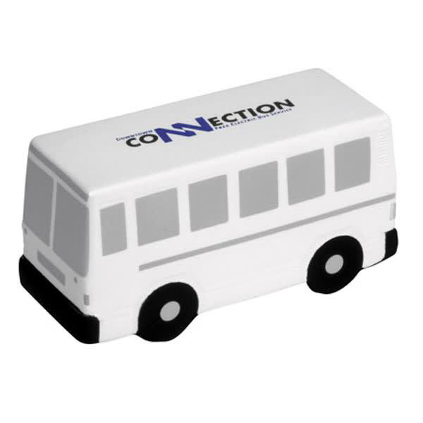 A white bus-shaped stress reliever with black wheels and a logo on the side. City Bus Shape Stress Reliever - Image 1