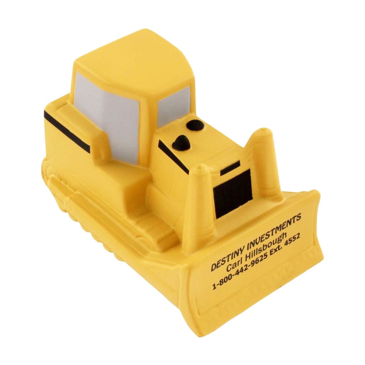 A yellow bulldozer-shaped stress reliever featuring a logo and details on one side. Ideal for fun and stress relief. Bulldozer Shape Stress Reliever - Image 1