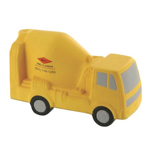 A yellow cement mixer car-shaped stress reliever with black wheels, featuring a logo on the side. Cement Mixer Car Shape Stress Reliever - Image 1
