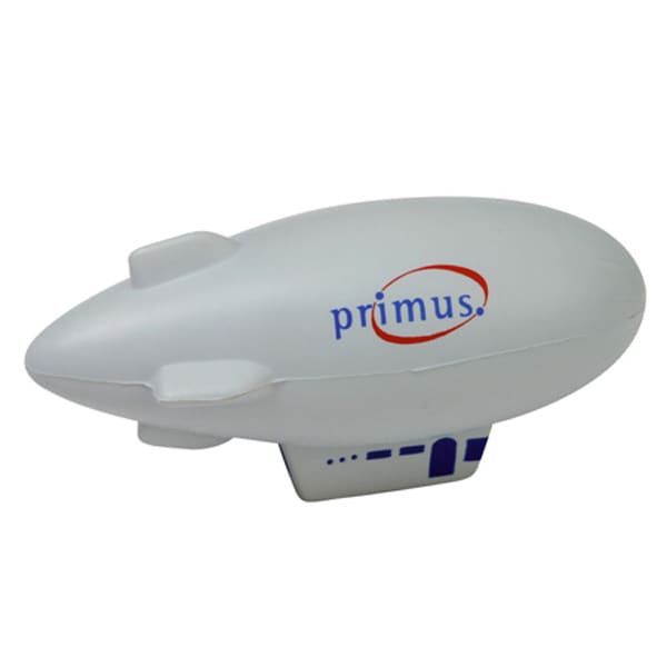 A white zeppelin-shaped stress reliever with a branding logo on the side. Zeppelin Shape Stress Reliever - Image 1