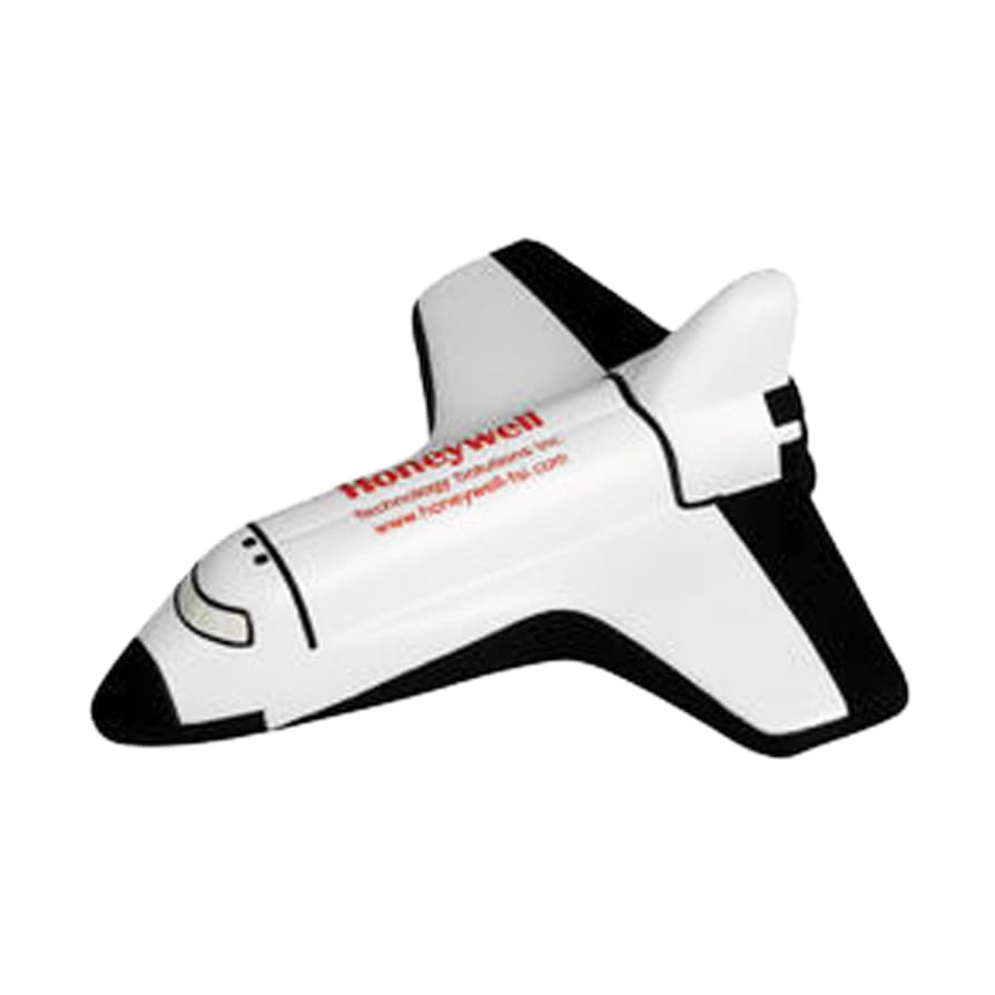 A shuttle-shaped stress reliever in white and black, featuring a logo on its side. Shuttle Shape Stress Reliever - Image 1