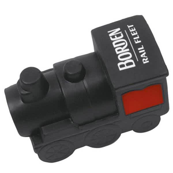 A black and red locomotive-shaped stress reliever, featuring a logo on one side. Locomotive Shape Stress Reliever - Image 1