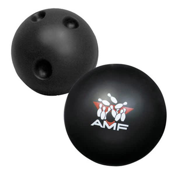 A black bowling ball-shaped stress reliever featuring a logo. Smooth surface with three finger holes. Bowling Ball Shape Stress Reliever - Image 1