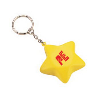 A yellow star-shaped stress reliever attached to a metal keyring with a logo. Keyring with Star Stress Reliever - Image 1