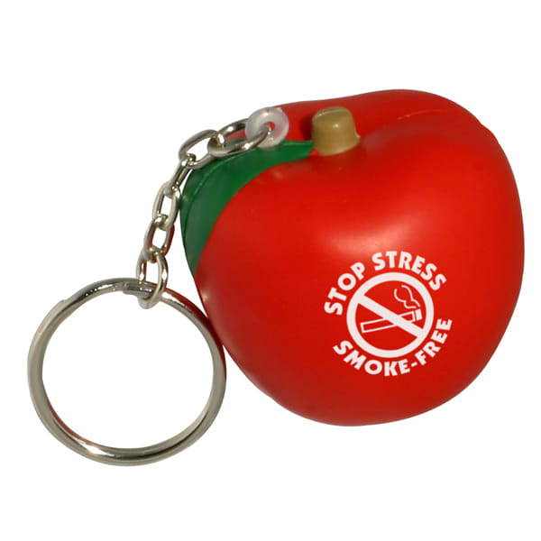 A red apple-shaped stress reliever with a silver keyring attachment and a logo on the front. Keyring with Apple Stress Reliever - Image 1