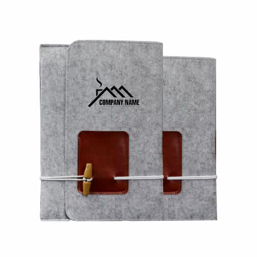 A large grey felt file pouch with a leather accent and a logo, secured with a decorative tie. Large Grey Felt File Pouch - Image 1