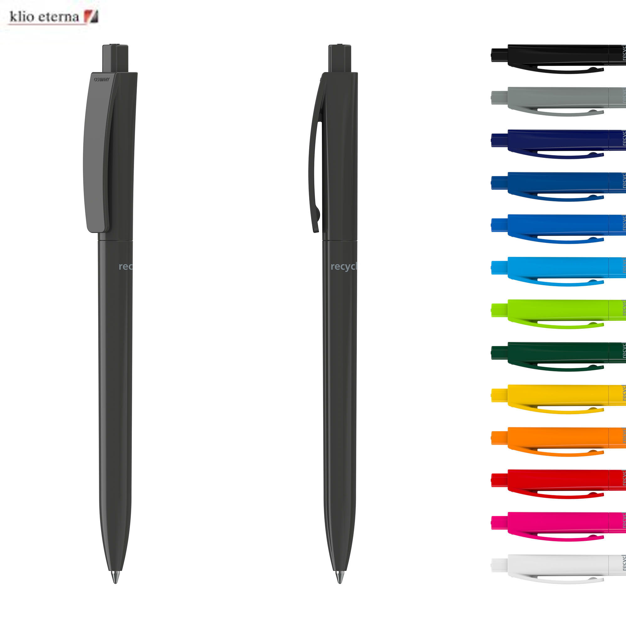 A set of plastic pens in various colours, with a sleek design and a logo on each pen. Qube Recycling - Image 1