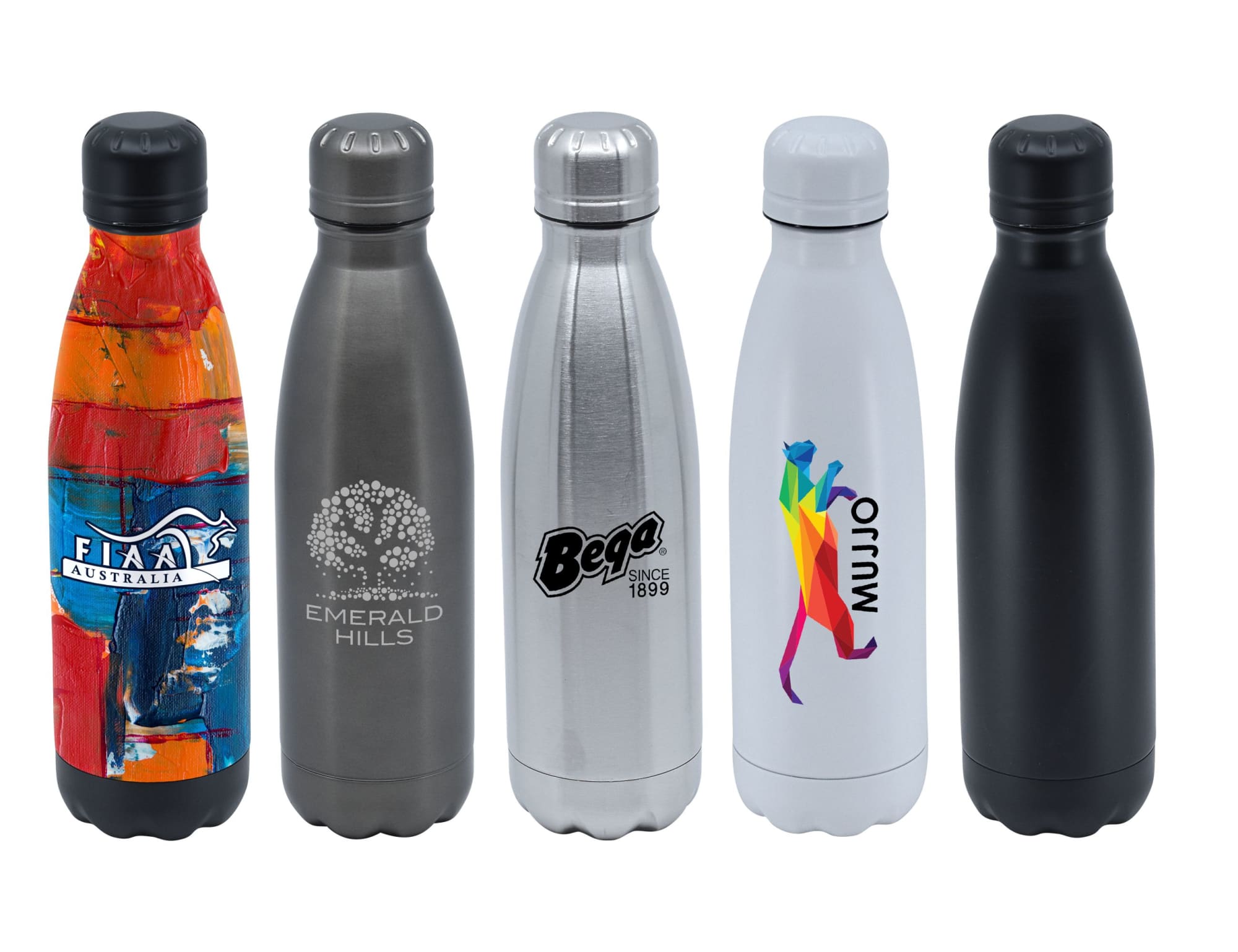A drink bottle collection featuring five vacuum flasks in various colours, including painted, silver, and black finishes. Avignon 500ml Vacuum Flask - Image 1