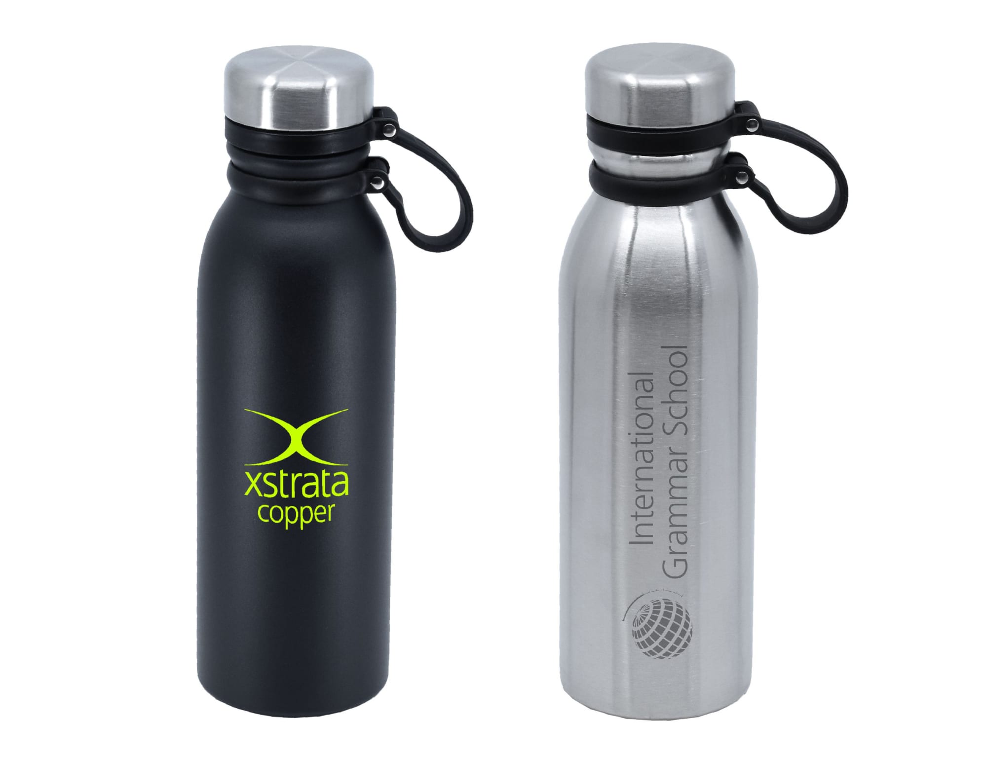A drink bottle with a black matte finish and a silver stainless steel option, both featuring logos. Andorra 600ml Vacuum Flask - Image 1