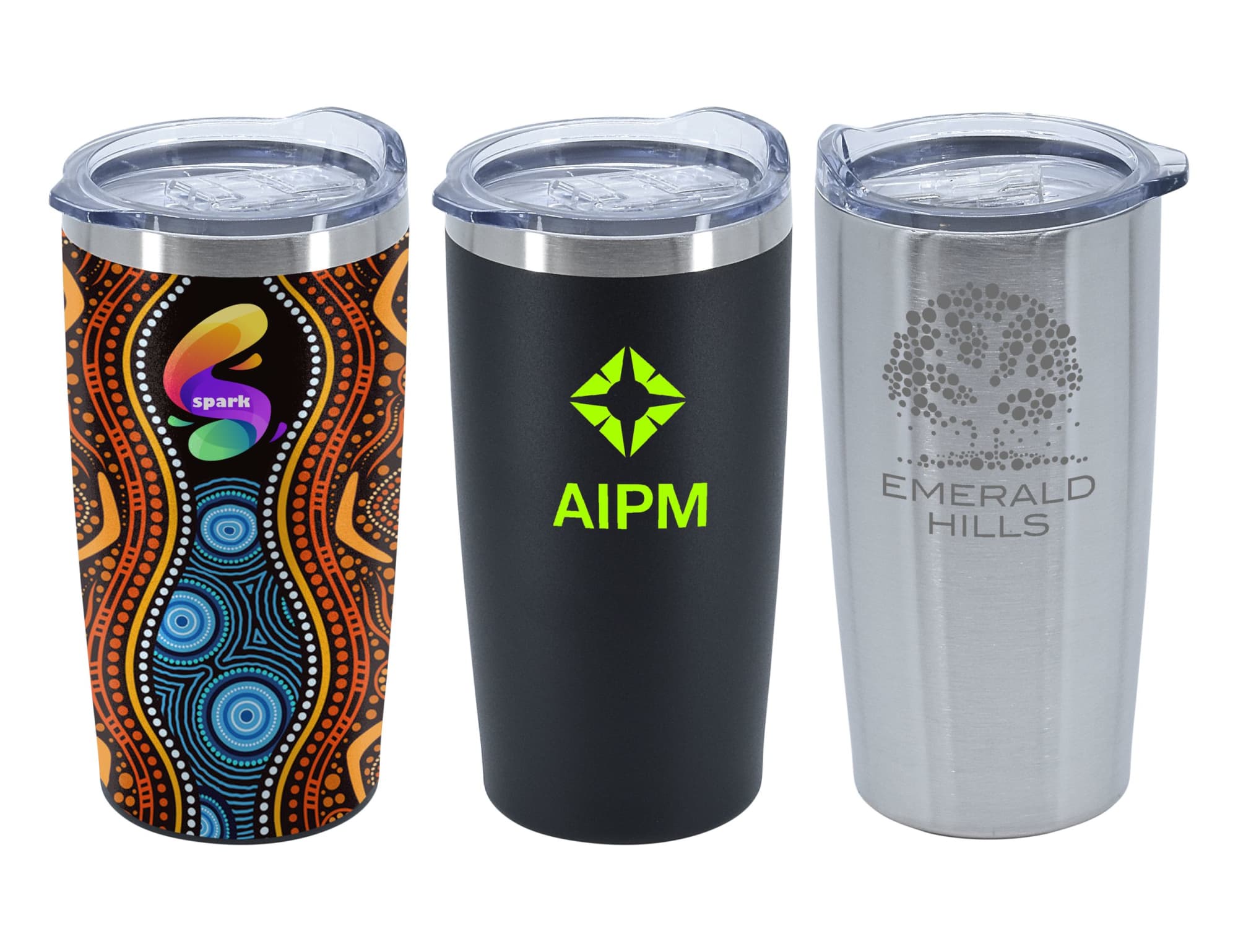 A drink bottle set featuring a patterned design, a matte black mug, and a stainless steel mug, all with lids. Seville Double Wall Mug - Image 1