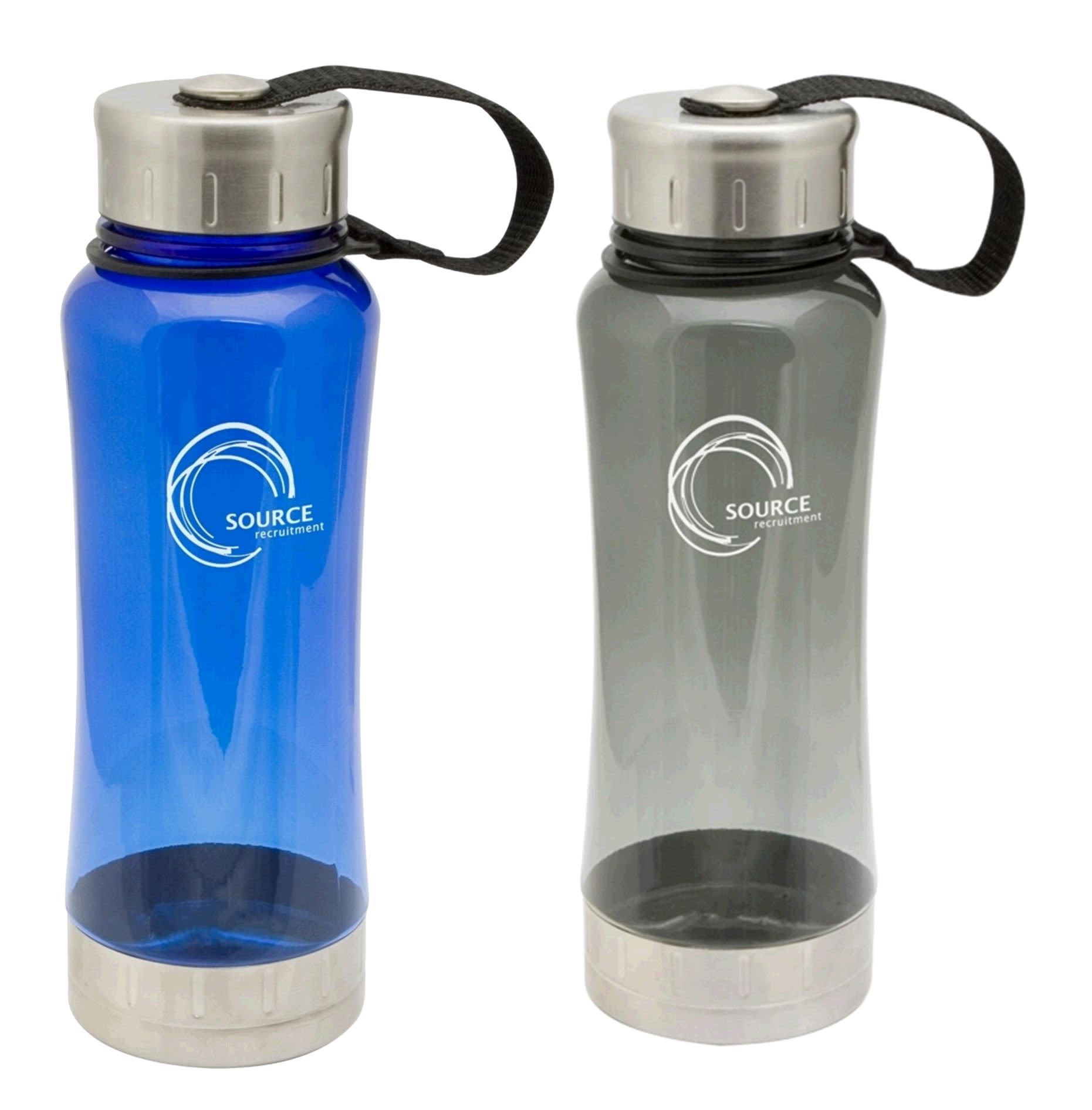 A drink bottle set featuring a blue bottle and a grey bottle, both with metal caps and a logo. San Diego Drink Bottle - Image 1