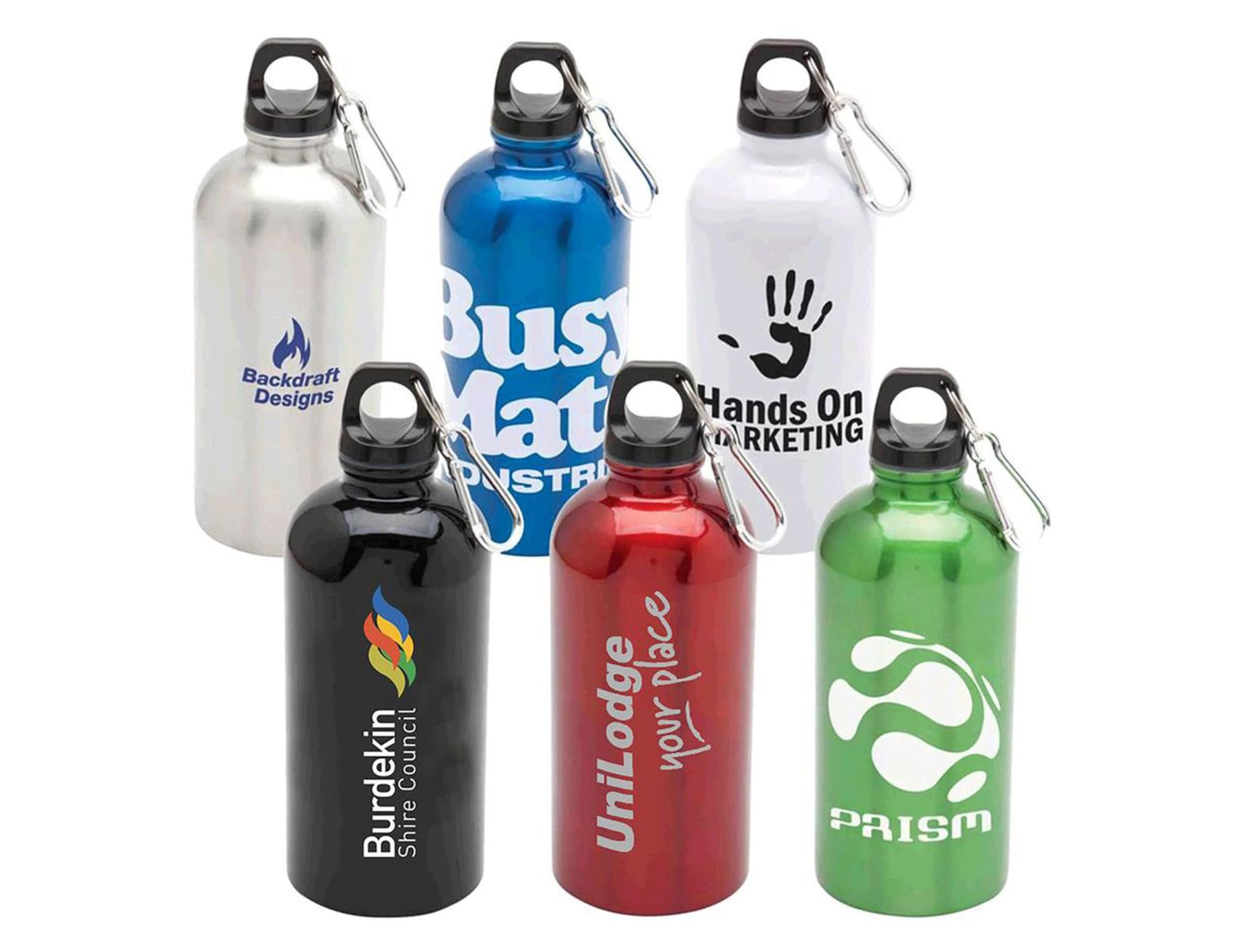 A drink bottle collection featuring stainless steel and aluminium options in silver, blue, red, black, and green, each with a logo. Escape 600ml S/S Water Bottle - Image 1