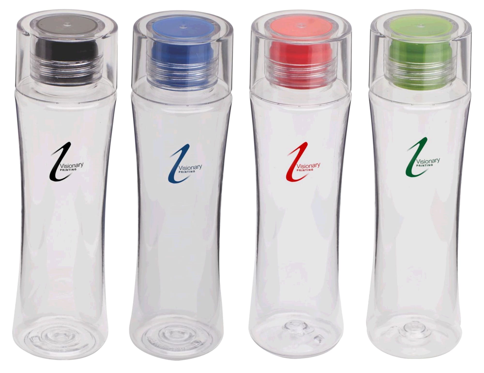 A drink bottle set featuring transparent designs with black, blue, red, and green lids, each with a logo. Vegas Water Bottle - Image 1