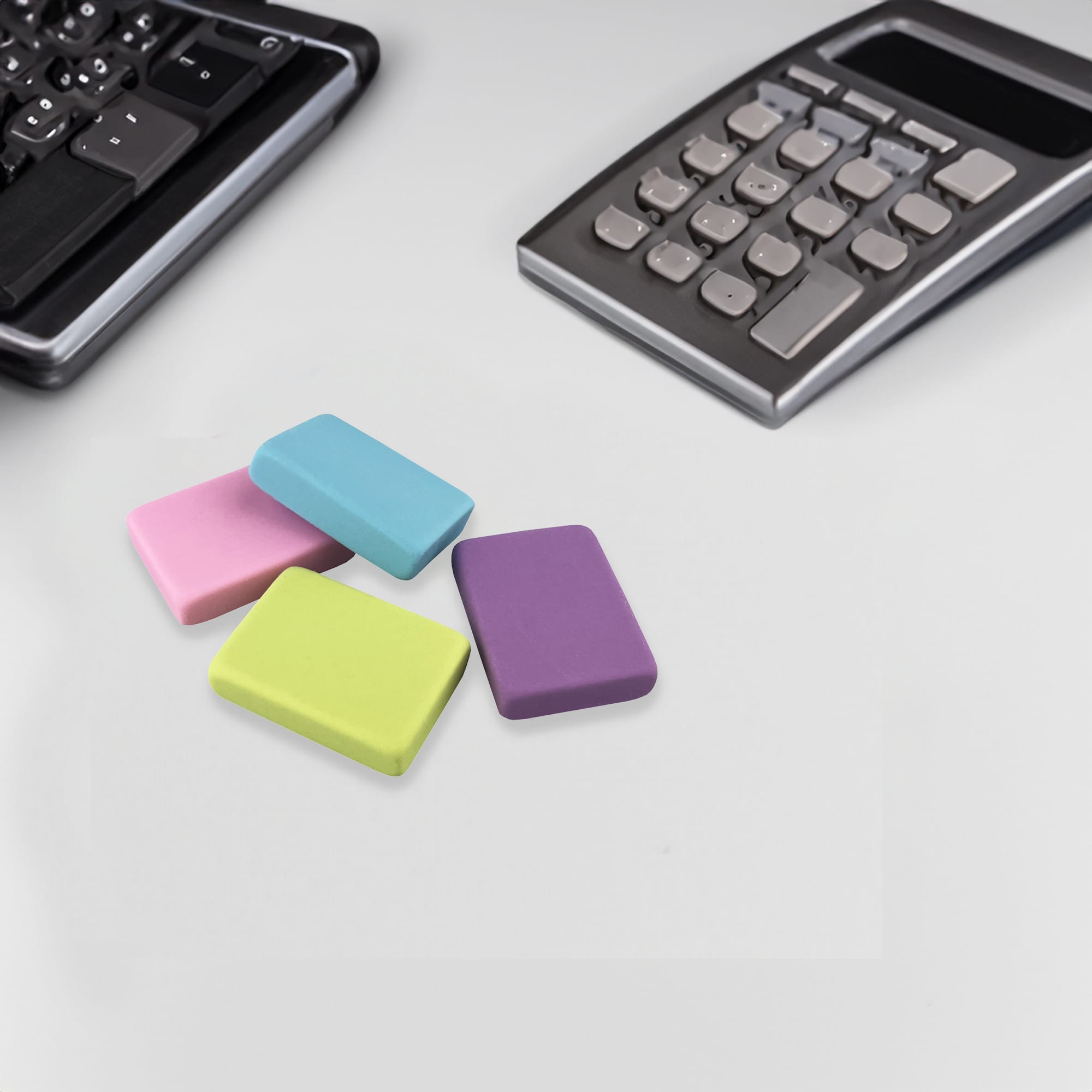 A collection of four rubber erasers in pink, blue, green, and purple, resting on a grey surface near a calculator and keyboard. Kido Square Rubber Eraser - Image 1
