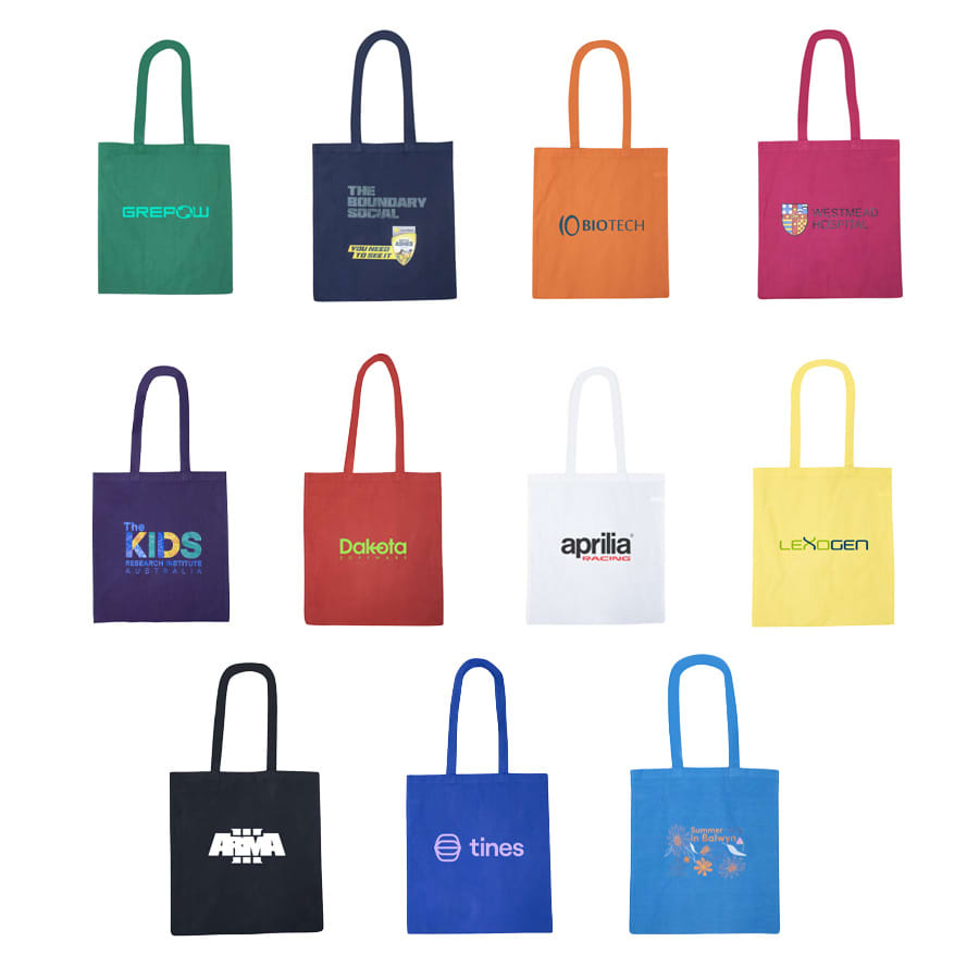 A collection of colourful cotton tote bags in various shades, featuring different logos and designs. Recycled Colourful Cotton Tote Bag - Image 1