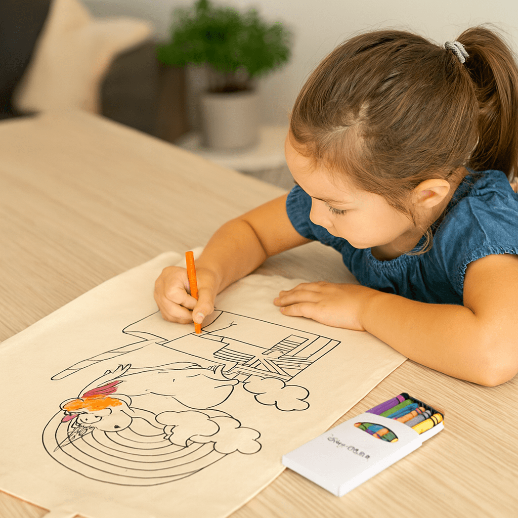 A girl colours a rainbow design on a beige sheet, with a crayon set next to her. The scene features bright, playful art. Squiggle Calico bag + Crayon set - Image 1