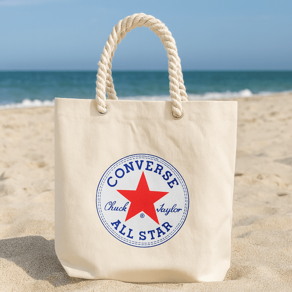 A cream-coloured tote bag with a round logo featuring a red star and branding, set against a beach background. Byron Beach Tote - Image 1