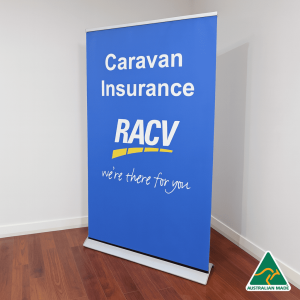 A blue roll-up banner displaying promotional text, featuring a logo and an Australian Made badge on the bottom.