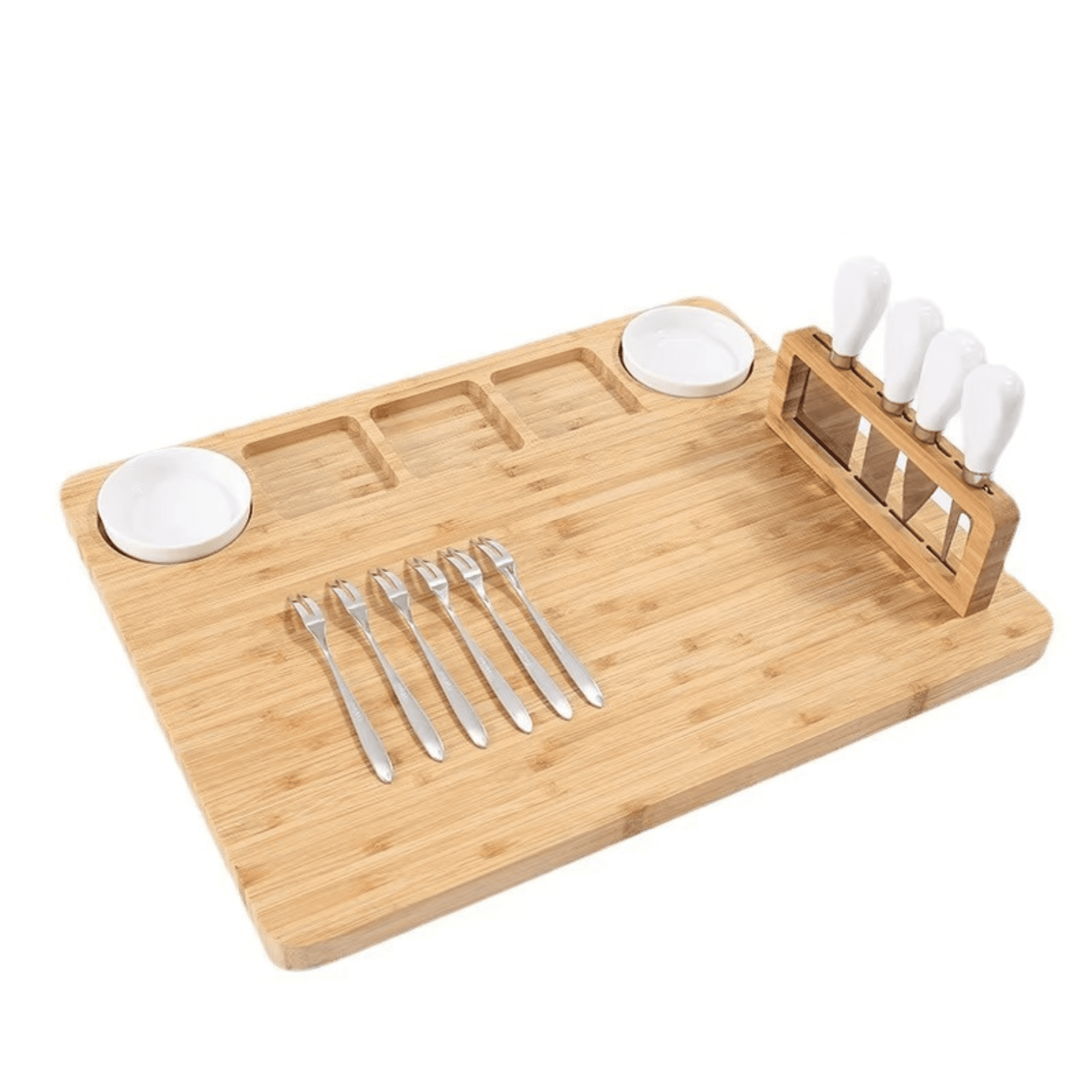 A bamboo platter with two white bowls, six forks, and a knife block, featuring a natural wood finish. A bamboo platter with two white bowls, six forks, and a knife block, featuring a natural wood finish.