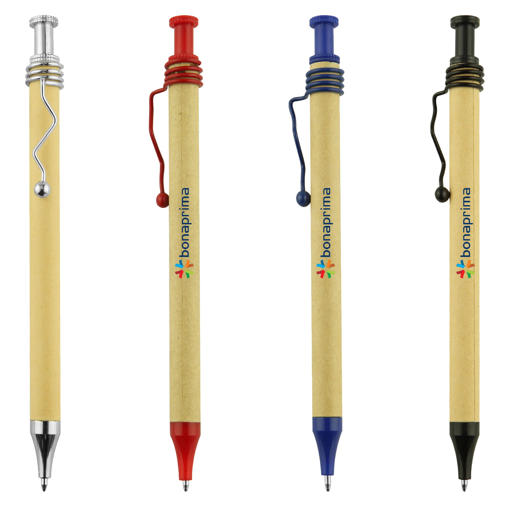 A set of four Spiral Recycled Cardboard Pens in various colours: red, blue, silver, and black, featuring a logo. Spiral Recycled Cardboard Pen - Image 1