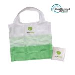 A green and white RPET fold-up shopping bag, displayed alongside its compact pouch, featuring a logo.