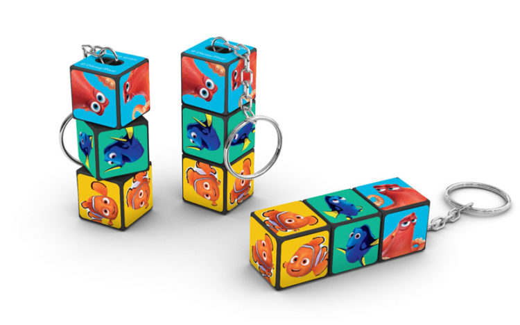 A Rubik's Block keyring featuring vibrant colours and character illustrations from an animated film, with a metal keychain loop. Rubik's Block Keyring - Image 1