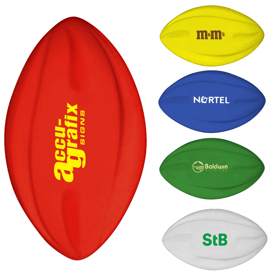 A red football with a logo, accompanied by yellow, blue, green, and white footballs. 135mm Spyro Football - Image 1