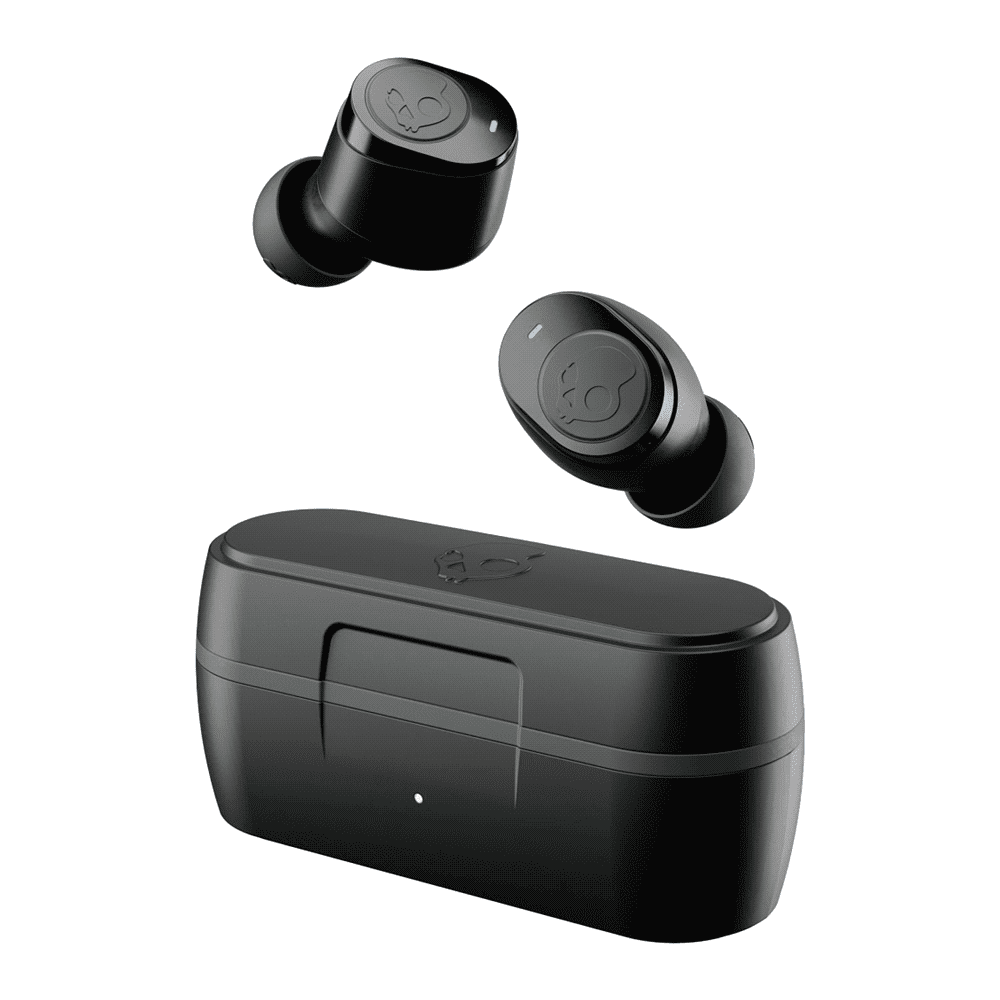 Wireless earbuds in black, with a compact charging case. The design includes a subtle logo. Skullcandy Jib True 2 - Image 1