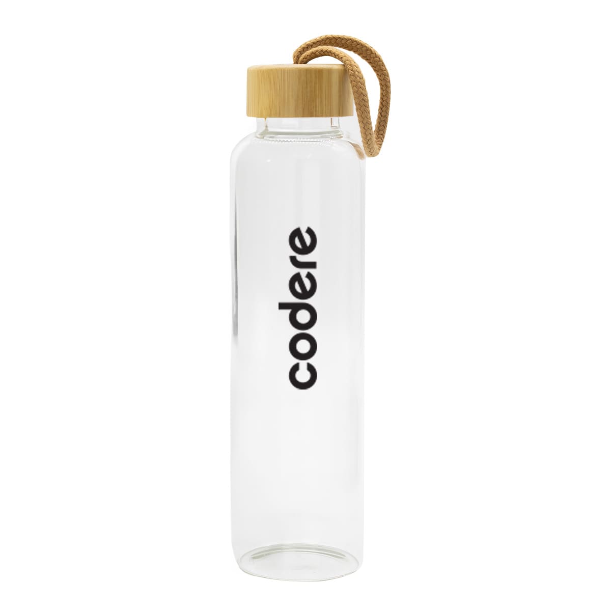 A drink bottle with a clear body, wooden cap, and a rope handle, featuring a logo. Vidro 550ml Bottle - Image 1
