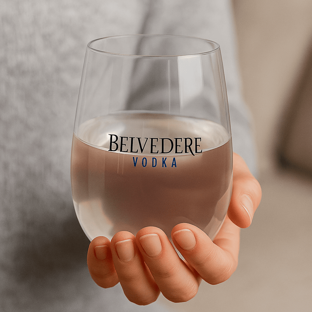 A stemless, shatterproof white wine glass in a hand, featuring a logo and containing a light beverage. A stemless, shatterproof white wine glass in a hand, featuring a logo and containing a light beverage.
