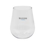 A stemless, shatterproof white wine glass in clear plastic featuring a logo.