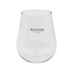 A stemless, shatterproof wine glass in clear plastic, featuring a logo.