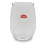 A stemless, shatterproof red wine glass in clear plastic with a logo.