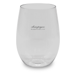 A stemless, shatterproof red wine glass in clear plastic with a logo. Suitable for outdoor use.